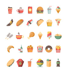 Fast food icon. Junk food trash unhealthy products burger hotdog drinks pizza barbecue fried crispy vector symbols. Drink and food, burger and donut illustration