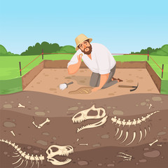 Naklejka premium Archaeology character. Man discovery underground geology digging dinosaur bones in soil layers history landscape vector background. Illustration excavation archaeological, discovery archeology