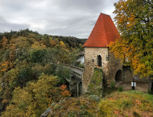 Obraz premium Zvikov castle is a well-preserved Gothic castle standing on a rock above the confluence of the Vltava and Otava rivers. It is considered one of the most beautiful medieval buildings in the Czech