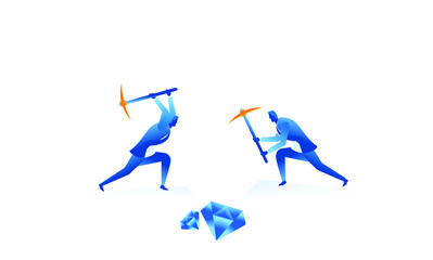 Business work concept illustration about hard work businessman digging diamond treasure profit