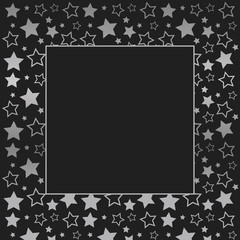 Frame with blank space for text. Border of silver stars. black background. Vector for Christmas and New Year greeting card, banner, invitation, packaging design, illustration pattern