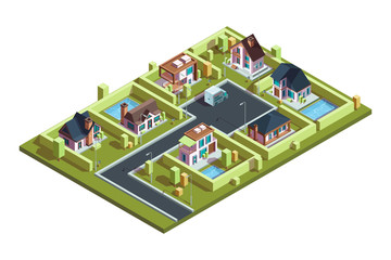 Cottage village isometric. Suburban modern residential houses townhouses in small town with infrastructure vector isometric map. Illustration 3d building isometric, city architecture