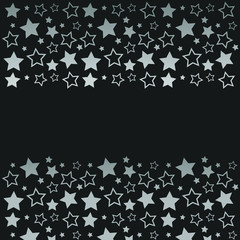 Frame with blank space for text. Border of silver stars. black background. Vector for Christmas and New Year greeting card, banner, invitation, packaging design, illustration pattern