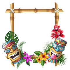 Tiki mask and frame. Hawaii authentic background bamboo square sticks exotic flowers and plants wooden totem vector cultural object. Tiki mask hawaii, hawaiian exotic frame illustration