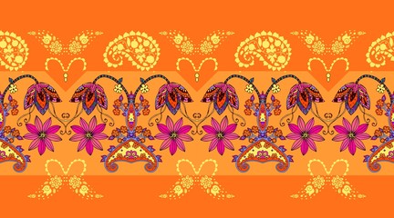 Seamless border with flowers and paisley. Summer fashion design. Bright print for fabric.
