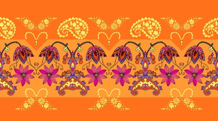 Seamless border with flowers and paisley. Summer fashion design. Bright print for fabric.