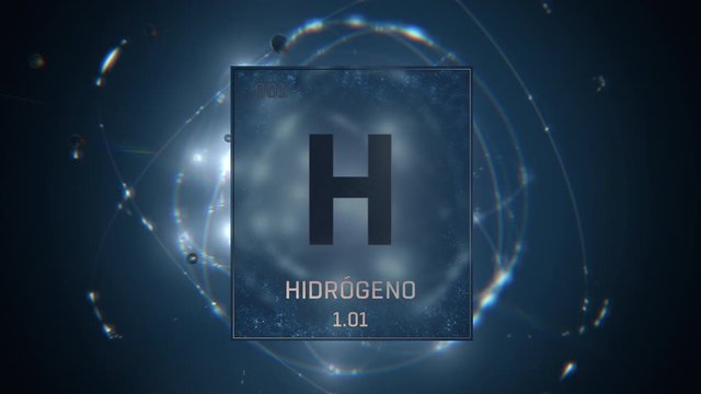 Hydrogen as Element 1 of the Periodic Table. Seamlessly looping 3D animation on blue illuminated atom design background with orbiting electrons. Name, atomic weight, element number in Spanish language