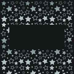 Frame with blank space for text. Border of silver stars. black background. Vector for Christmas and New Year greeting card, banner, invitation, packaging design, illustration pattern