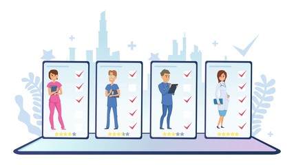 Choose doctor. Online ranking of doctors. Vector medical staff, online diagnosis app. Illustration medical online survey, woman and man ranking
