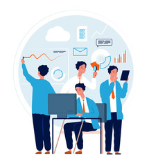 Multitask concept. Businessman making different deals and goals busy manager in action urgent tasks vector characters. Multitasking busy work person, illustration job multi task