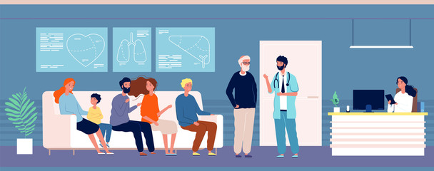 Patients waiting. Hospital rooms with persons doctor consultation clinic interior vector medical specialist. Illustration medical interior, specialist clinic office, health consultation