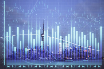 Forex chart on cityscape with tall buildings background multi exposure. Financial research concept.