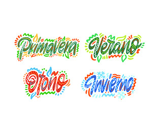 Obraz premium Primavera, verano, otono, inverno.Seasons name in Spanish. Hand Lettering word. Handwritten modern brush typography sign. Greetings for icon, logo, badge, cards, poster, banner, tag. Colorful Vector i