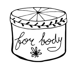 Black and white body cream in a beautiful box vector illustration. Hand drawing cosmetics. Doodling style. 