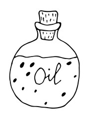 Black and white glass jar with oil vector illustration. Hand drawing outline bottle. Doodling style. 