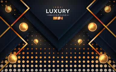 Abstract luxury dark background with golden lines and circular glowing golden dots combinations.