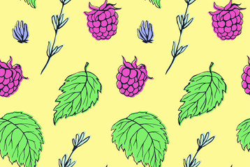 Hand drawn raspberry pattern with leaves seamless