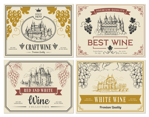 Wine labels. Vintage images for labels old medieval castles and towers architectural objects vector template. Illustration wine sticker vintage traditional - obrazy, fototapety, plakaty