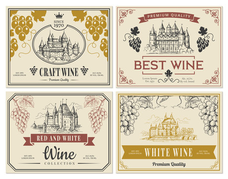 Wine labels. Vintage images for labels old medieval castles and towers architectural objects vector template. Illustration wine sticker vintage traditional