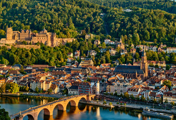 Heidelberg town with old Karl Theodor bridge and castle on Neckar river in Baden-Wurttemberg,...