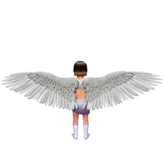 One little girl with feather angel wings on her back. Turned back to the camera. Her wings are spread apart