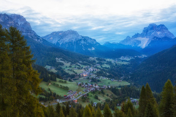 Fototapeta na wymiar A small village in the Dolomites in the morning twilight.