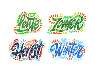 Fotobehang Lente, zomer, herfst, winter. Seasons name in Dutch. Hand Lettering word. Handwritten modern brush typography sign. Greetings for icon, logo, badge, cards, poster, banner, tag. Colorful Vector illustr © visio