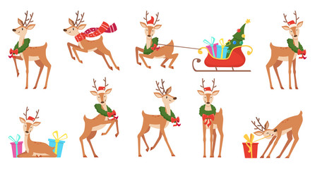 Cartoon deer. Winter celebration fairytale animals reindeer running vector christmas character. Reindeer happy run, character antler with sleigh and wreath illustration - obrazy, fototapety, plakaty