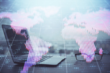 Multi exposure of business theme icons and work space with computer background. Concept of success.