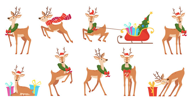 Cartoon deer. Winter celebration fairytale animals reindeer running vector christmas character. Reindeer happy run, character antler with sleigh and wreath illustration