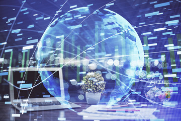 Multi exposure of business theme icons and work space with computer background. Concept of success.