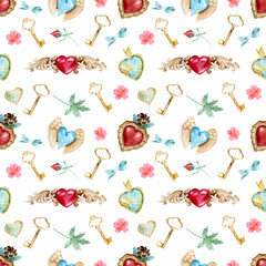 Watercolor seamless pattern. Watercolor Vintage Jewelry Hearts Clipart. Valentines Day cards Wedding templates. Hand Painted. Antique clipart. Rubin heart. Scrapbooking