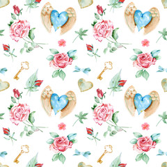 Watercolor seamless pattern. Watercolor Vintage Jewelry Hearts Clipart. Valentines Day cards Wedding templates. Hand Painted. Antique clipart. Rubin heart. Scrapbooking