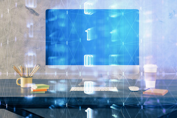 Technology theme drawing and table with computer. Double exposure. Concept of information.