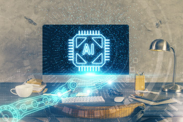 Technology theme drawing and table with computer. Double exposure. Concept of information.