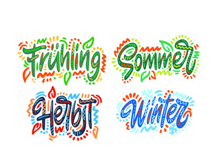 Fruhling Sommer Herbst Winter. Seasons name in German. Hand Lettering word. Handwritten modern brush typography sign. Greetings for icon, logo, badge, cards, poster, banner, tag. Colorful Vector illus