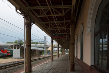 BOLOGOYE, RUSSIA - AUGUST 8, 2019: The building of the railway station and station in the city of Bologoe. Tver region, Russia