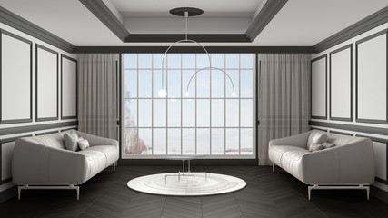 Classic white and gray living room, stucco walls, big panoramic window on winter landscape, herringbone parquet floor, double sofa with pillows, curtains. Contemporary interior design