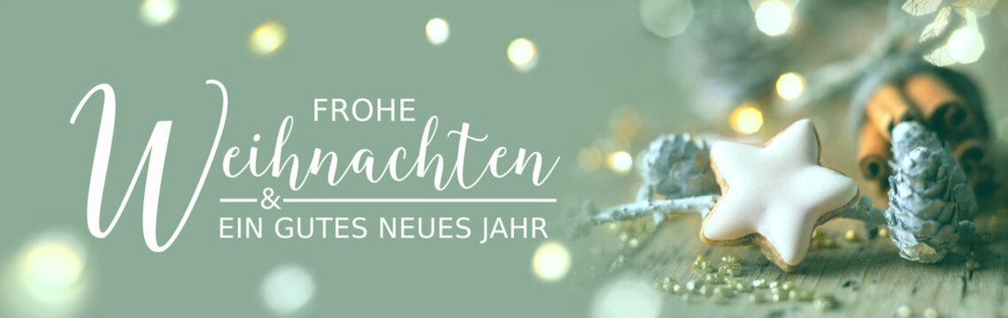 Weihnachtskarte, Weihnachtsgru&szlig;, Neujahrsgru&szlig; -  Frohe Weihnachten und ein gutes neues Jahr  -  Dekoration mit Zimtstern, Tannenzapfen und Zimtstangen - Banner, Header
