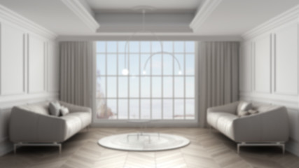 Fototapeta na wymiar Blur background interior design: classic living room with stucco walls and big panoramic window, herringbone parquet floor, double sofa, pillows, curtains. Contemporary architecture