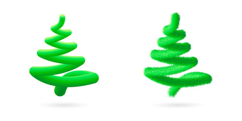 Christmas tree set, abstract vector line spiral shape. Colored bright green Element design for banner, poster, web, mobile app. Realistic 3d style, liquid flow line. illustration isolated on white