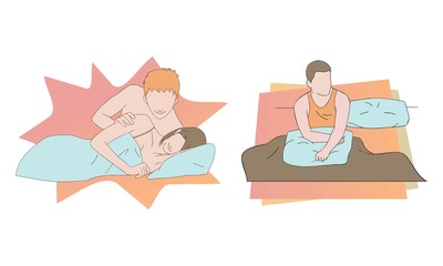 loving young couple hug and lay on bed together. man lonely on bed. vector illustration isolated cartoon hand drawn