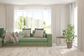 Stylish room in white color with sofa and summer landscape in window. Scandinavian interior design. 3D illustration