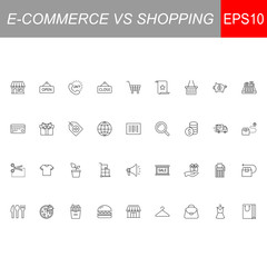 SHOPPING vs E-COMMERCE line thin icons set. Vector illustrations collection EPS10.