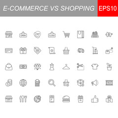 SHOPPING vs E-COMMERCE line thin icons set. Vector illustrations collection EPS10.