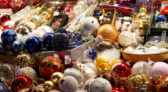 Traditional decorations for christmas in the christmas market of Santa Lucia, Bologna, Italy.
