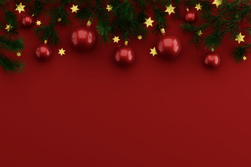 Flat composition with Christmas decor from the branches of the Christmas tree and Christmas balls on a color background, place for text