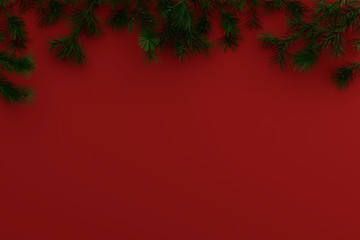 Flat composition with Christmas decor from the branches of the Christmas tree and Christmas balls on a color background, place for text