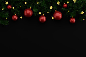 Flat composition with Christmas decor from the branches of the Christmas tree and Christmas balls on a black background, place for text