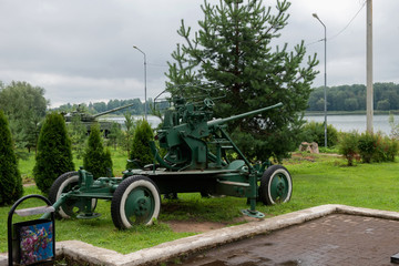 BOLOGOYE, RUSSIA - AUGUST 8, 2019: Military equipment in the park near the monument to those who fought and died in World War II. Tver region, Russia